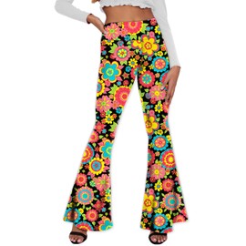 Womens Hippie Flare Pants Retro Costume Yoga Pants 60s Groovy Long Floral Bell Bottoms XL
