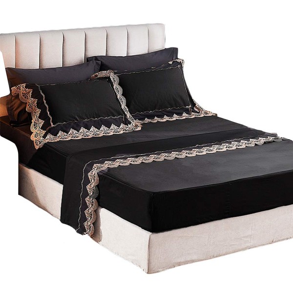 FADFAY Black Bed Sheets 4 Piece Twin?Premium 100% Cotton 600 TC Lace Bedidng Chic & Luxury Shabby Deep Pocket Sheet Set (Black, Twin)