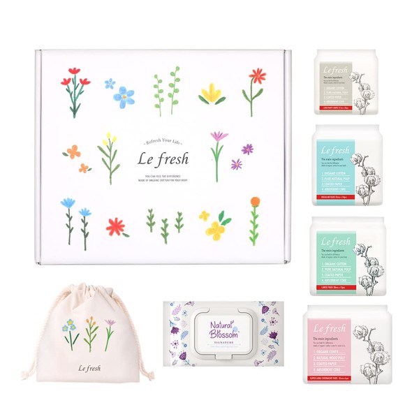 Lefresh First Period All-in-One Kit for Girls | Wild Flower Edition | Vegan, Organic, Unscented, Long Liners, Regular,Large,SuperLong Overnight Sanitary Pads, pH Balanced Feminine Wipes, to-Go Pack