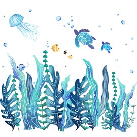 5 Sheets 3D Under the Sea Seaweed Wall Stickers Sea Turtles Wall Stickers Seaweed Jellyfish Fish Removable Vinyl Wall Stickers for Children Baby Bedroom Bathroom Living Room Decor