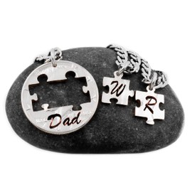 3 Piece Dad Puzzle Necklaces for Fathers and Sons Initials Jewelry, Hand Cut Coin, By NameCoins