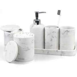 LIN CHUAN 6-Piece Bathroom Accessories Set, Organizer Set with Soap Dispenser, Toothbrush Holder Set, Vanity Tray, Tumbler & 2 Cotton Swab Jars – Modern Stylish Bathroom Storage(Marble White)