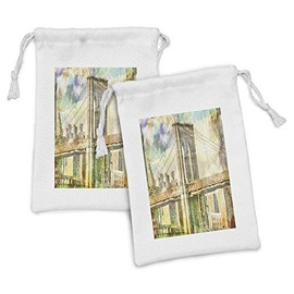 Ambesonne Abstract Oil Painting Fabric Pouch Set of 2, Brooklyn Bridge in Watercolor Brush Strokes Style in Earthy Tones, Small Drawstring Bag for Toiletries Masks and Favors, 9" x 6", Multicolor