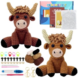 Complete Crochet Set for Beginners - Animals Crochet Set, 2 Pieces Highland Cow Knitting Set for Adults Children, Knitting Set for Gift Crochet Kit with Video, Instructions Crochet Hook Yarn DIY