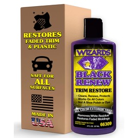 Wizards Black Renew Trim Restorer Treatment - Removes White Residue and Restores Faded Moldings -Car Interior Detailing Kit For All Smooth and Textured Trim, Plastic and Rubber Surfaces - 8 oz