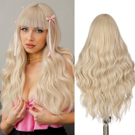 Blonde Wig with Bangs Long Beach Blonde Wavy Wigs for Women 26 Inch Long Curly Wigs Mermaid Waves Heat Resistant Synthetic Fiber Wig for Daily Party Use