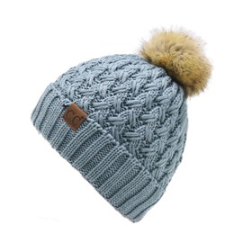 C.C Beanie Women’s Thick Cable Knit Faux Fuzzy Fur Pom Lattice Crossover Fleece Lined Skull Cap (Winter Mint)