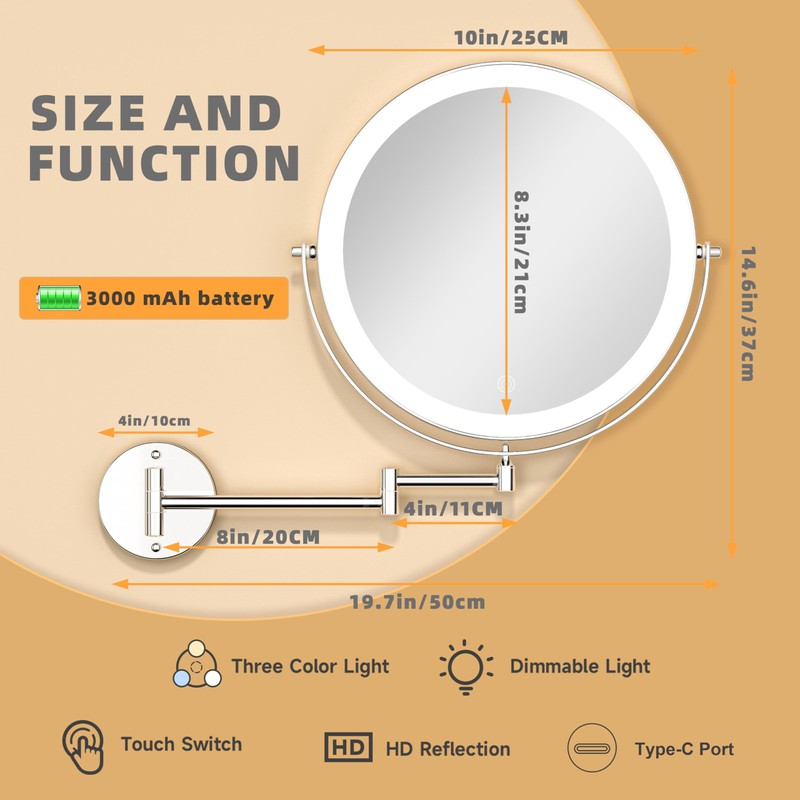 Batuso 10" Wall Mounted Makeup Mirror with Light, 3000mAh Rechargeable