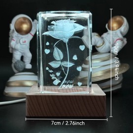 Toolzia 3D Crystal Rose Night Light with Wood Base