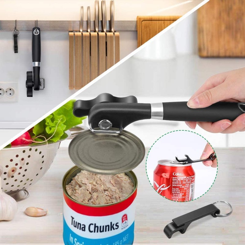 Safety can opener, stainless steel, ergonomic non-slip design with smooth