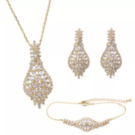 Unbranded Gold Plated with Clear Cubic Zirconia Pendant Necklace Bracelet and Earrings Set