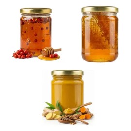 Kit Mana-miel: Miel Con Propóleo Jengibre Cúrcuma 600g + Miel Cruda Con Panal 600g + Miel Chile Chiltepín 600g