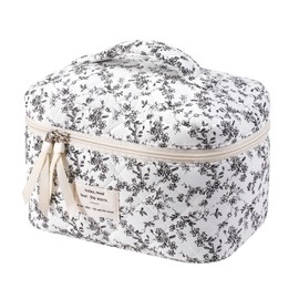 uekeboag Large Travel Quilted Makeup Bag for Women, Floral Cotton Cosmetic Bag, Coquette Aesthetic Floral Toiletry Organizer Bag(Black Flower