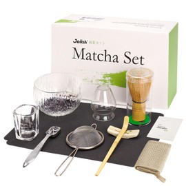 Joiish 10-Pcs Matcha Kit Set, Whisk and Bowl with Spout & Measuring Spoon, Japanese Matcha Tea Making Tools, Transparent Textured Glass