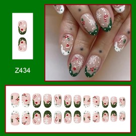 Christmas Press on Nails Medium Oval Fake Nails French Tip False Nails With Snowflake Candy Xmas Tree Santa Hat Designs Full Cover Stick on Nails Acrylic Winter Artificial Nails for Women Girls 24Pcs