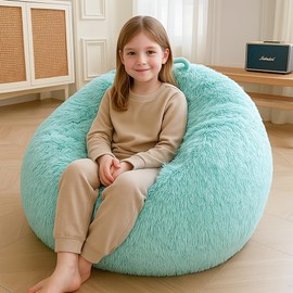 XeGe Kids Fluffy Faux Fur Bean Bag Chair Cover (No Filler), Soft Furry Stuffed Animal Storage Bean Bag Cover for Plush Toys, Shaggy Fuzzy Beanbag for Kids Teens Girls Adults, Anti-Slip, Aqua Ombre
