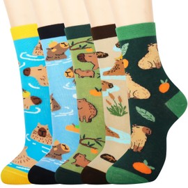 Jeasona 5 Pairs Capybara Socks Women Capybara Gifts for Lovers Cute Fun Funny Socks for Women Teens Girls Animal Print Cotton Christmas Birthday Gifts Party Decoration