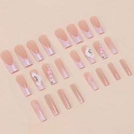 BABALAL Long Press on Nails Square Fake Nails 3D Flower Design Glue ons Nails 24Pcs White Acrylic Nails Manicure Full Cover False Nails