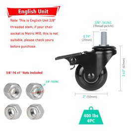 Hirate - Ruedas giratorias de vástago roscado de 3/8"-16UNC con freno, juego de 4 ruedas giratorias resistentes de 2" con bloqueo de seguridad para banco de trabajo, carretillas con tuercas de bloqueo