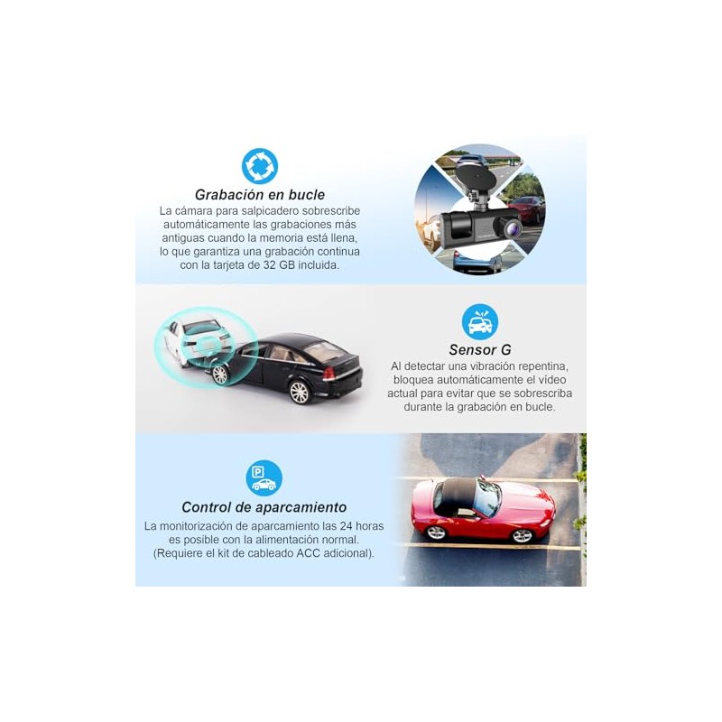 PTHTECHUS®DashCam para Auto, HD 1080P Cámara triples Delanteras y traseras