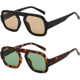MUNSADE Trendy Square Aviator Sunglasses for Women Flat Top Designer Stylish Frame Sun Glasses Vintage Shades ((2 Pack) Black/Light Brown+Tortoise/Green)