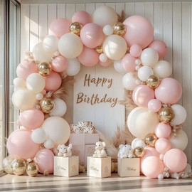 Pink Beige White Balloons Arch Kit, Light Pastel Pink Beige Sand White Chrome Gold Bobo Balloons for Engagement Wedding Bridal Shower Baby Shower Birthday Princess Party Decorations
