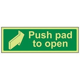 V Safety Glow In The Dark Push Pad To Open Door Sign - 300mm x 100mm - Rigid Plastic