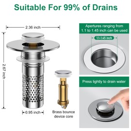 ​Bathroom Sink Drain Strainer,Universal Pop-Up Sink Stopper Hair Catcher, Stainless Steel Anti-Clog Drain Filter Basket, Removable Sink Drain for Bathroom Sink Stopper Replacement