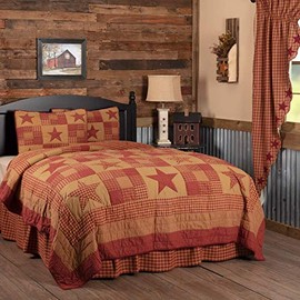VHC Brands Ninepatch Star 2 Piece Twin Quilt Set Country Patchwork Design, Burgundy