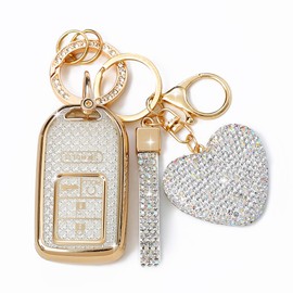 Simocky Key Fob Cover with Diamond Keychain, Car Key Shell for Women, Compatible with 2016-2022 Honda Accord Civic Pilot Ridgeline Passport Protector (5 Buttons-Silver Heart)