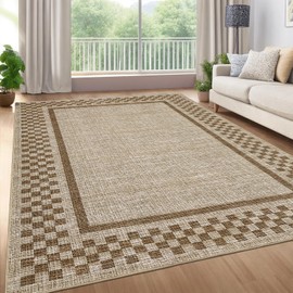 GarveeHome Modern Bordered 8x10 Area Rugs for Living Room Bedroom Soft Washable Large Bedroom Throw Carpet Non Slip Checkered Geometric Rugs for Dining Room Home Decor Office, Taupe