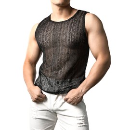 JOGAL Mens See Through Lace Shirts Sleeveless Muscle Tops BlackLace XX-Large