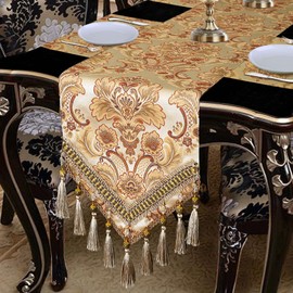 Grelucgo Luxury Thick Lined Damask Table Runners with Multi-Tassels (12x88 inch)