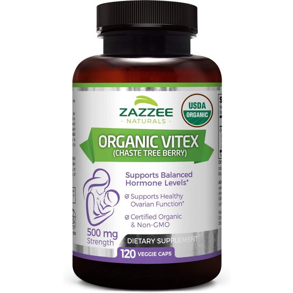 Zazzee USDA Organic Vitex, 500 mg Strength, 120 Vegan Capsules, USDA Certified Organic, Potent 4:1 Extract, Made from Whole Organic Chaste Berry, Vegan, All-Natural and Non-GMO