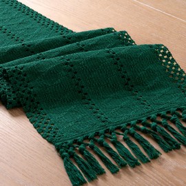 Socomi Fall Boho Table Runner Macrame 48 Inches Woven Cotton Linen Rustic Table Runner with Handmade Tassels for Home Decor Dining Fall Thanksgiving Christmas 12x48 inches Emerald Green
