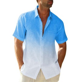 Mens Gradient Linen Shirts Casual Button Down Short Sleeve Beach Hippie Shirts Blue