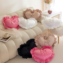 MOJUN Black Heart Pillow, Soft Heart Shaped Pillow with Bow Ruffle Design Love Room Decor Pillows for Sofa Bed Chair Cute Heart Shaped Throw Pillow Cushion for Bedroom Living Room
