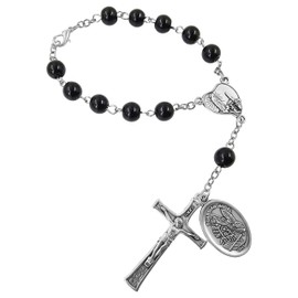 TALISMAN4U Saint Michael Guardian Angel Medal Rosary for Car Rearview Mirror Glass Beads Our Lady of Fatima Catholic One Decade Auto Rosary Bracelet for Women Men Religious Gift (Black Rosary Beads)