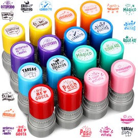 Jetec 16 Pcs Spanish Teacher Stamps Self Inking Stamps for Teachers Teacher Gifts Motivation Grading Stamps for School Classroom Elementary Kid Signature Homework Reward Supplies (Round)
