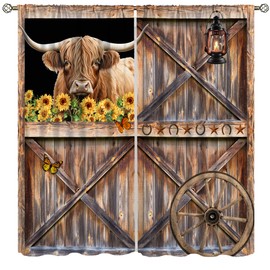 AAVEUP Farm Cow Curtains for Bedroom,Vintage Country Rustic Old Barn Wooden Door Wheel Cow Sunflower Butterfly Cottage Farmhouse Window Drapes for Boys Girls Living Room Bathroom 42x45in（No Blackout）