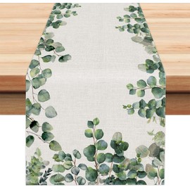 Eucalyptus Spring Table Runner Green Leaf Table Runner Summer Kitchen Washable Dining Table Decoration Tablecloth for Indoor and Outdoor Holiday Party Living Room Decor 40 x 180 cm