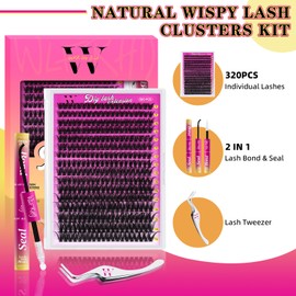 Lash Extension Kit 320PCS Eyelash Clusters 50D DIY Eyelash Extension Individual Lashes Natural Lash Clusters Kit with Lash Bond and Seal, Tweezers(D-Mix9-16mm)