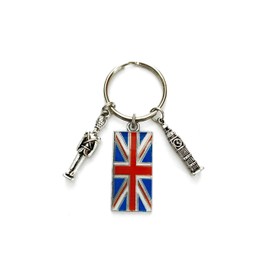 London Great Britain theme keychain. Includes Union Jack, Big Ben, and Beefeater themed charms