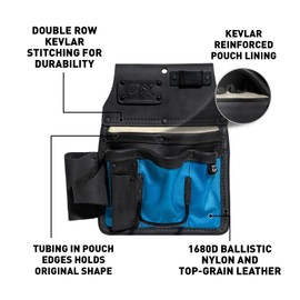 OX Tools 10-Pocket Leather & Nylon Drywall Pouch Built with Kevlar - Water Resistant Leather Tool Pouch with Hammer & Tape Holder - Tool Pouch for Small Tools, Fits 2-3 Inch Work Belt OX-U268503