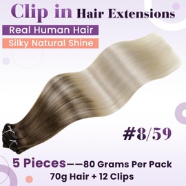 LaaVoo Clip Extensions Echthaar Braun Blond Remy Extensions Echthaar Clip Ombre Hellbraun Balayage Hellblond Haarverlängerung Echthaar Clip in Doppelt Tressen 5pcs 70g 45cm #8/59