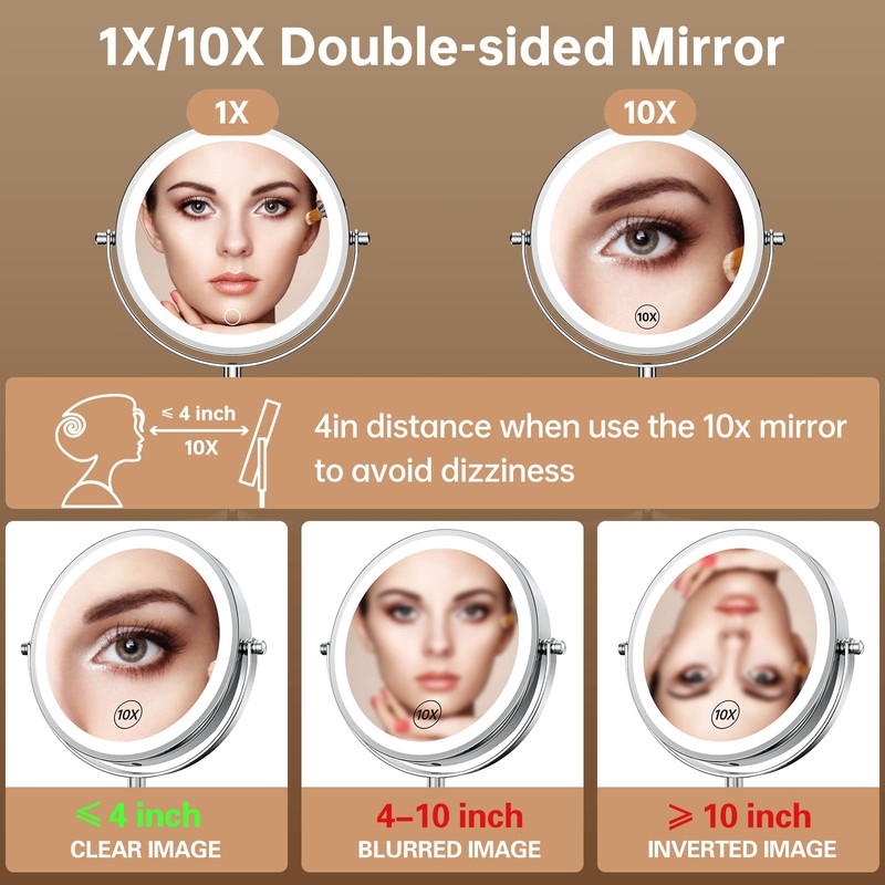 Gospire 7" Lighted Makeup Mirror with Magnification 10X/1X, Rechargeable Cordless