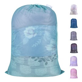 Polecasa Heavy Duty Large Mesh Laundry Bag with ID Tag and Locking Drawstring Closure - 24 x 36 inches - Laundry Hamper Liner, Washable Laundry Bags for Travel, Sports, Dorms (Aqua)