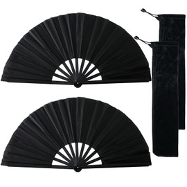 Hand Fan Black Large 2 Pieces, Large Foldable Silk Hand Fan, Hand Fan, Foldable Fan, Black Fan, Rave, for Dance, Party, Wedding Gifts, DIY Decoration