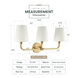 METWET Bathroom Light Fixtures, Brushed Gold Vanity Lights with Beige Fabric Shade, 3-Light Wall Sconce, Modern Sconces Wall Lighting for Hallway Bedroom, VL837-BG-B-3