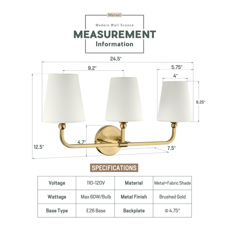 METWET Bathroom Light Fixtures, Brushed Gold Vanity Lights with Beige